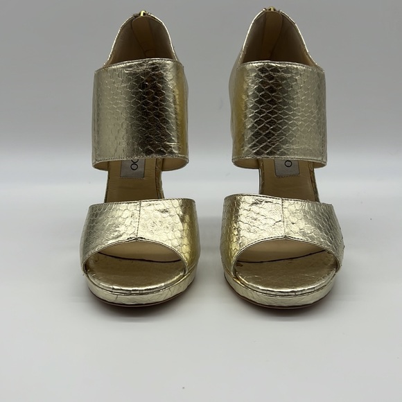 JIMMY CHOO GOLD SNAKE SKIN PLATFORM HEELS SZ 38  NWT - Picture 1 of 8